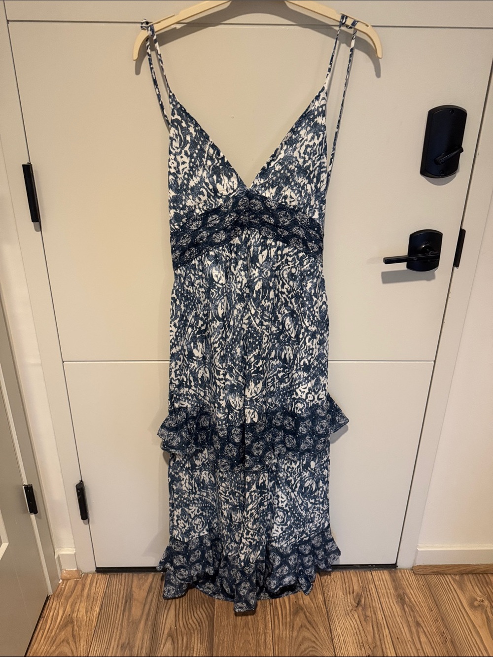 NWT Abercrombie Blue and White Printed Maxi Dress with Ruffle Tiers